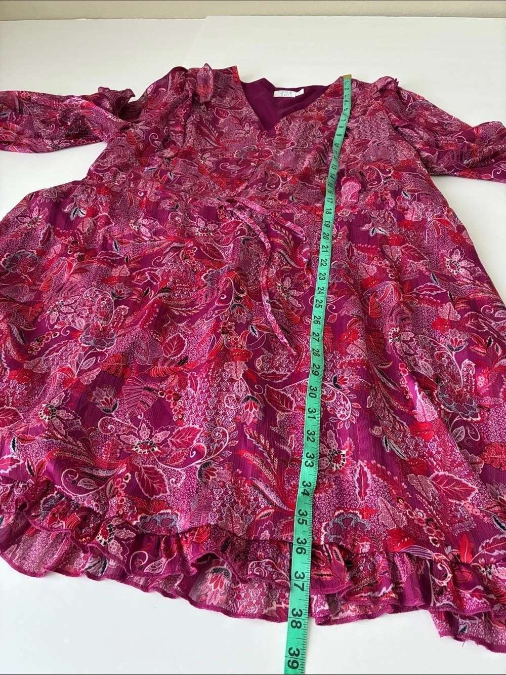 Vibrant Silky Ruffle Flirty Pink Maroon Paisley V-Neck Elastic Waist Dress - Picture 3 of 10